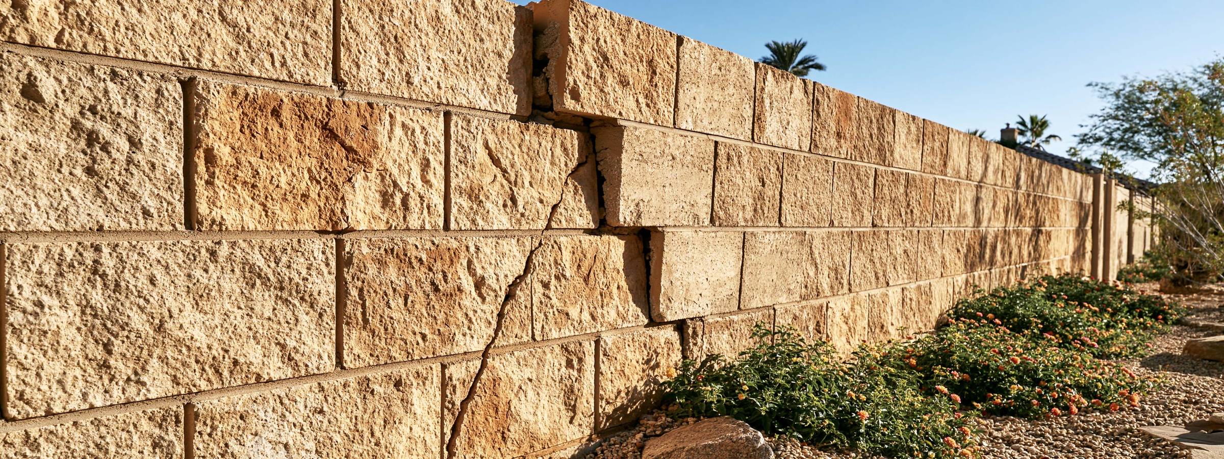 A cracked and leaning section of block wall on a Queen Creek property