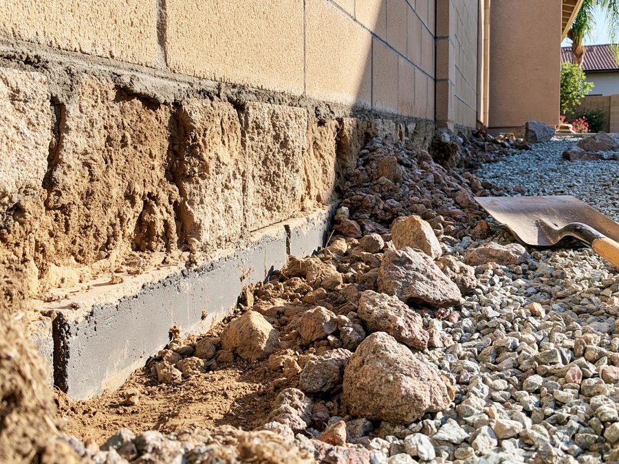 The base of a block wall where it meets the dirt, opened up to show the footing