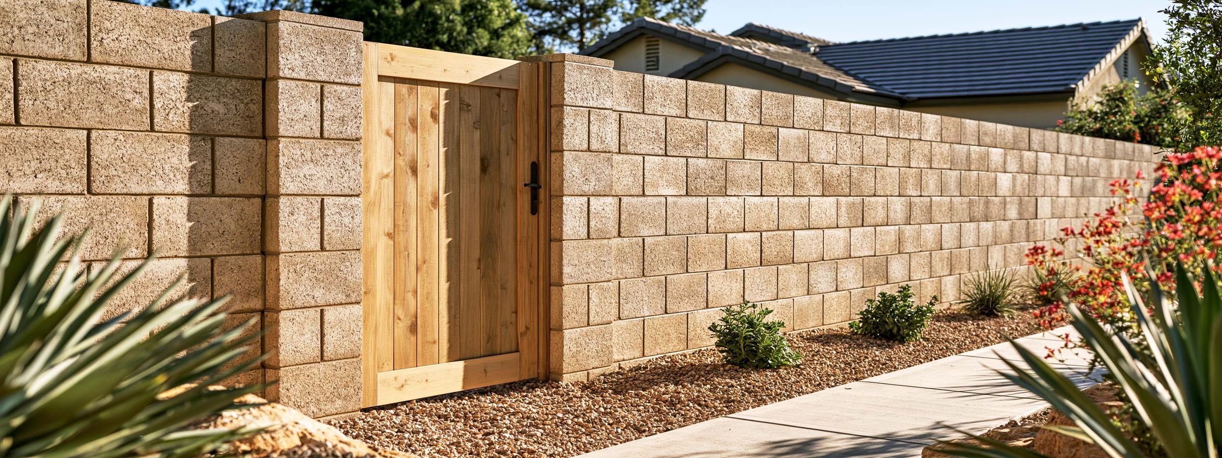 A wood side gate hanging in a block wall beside a Queen Creek house