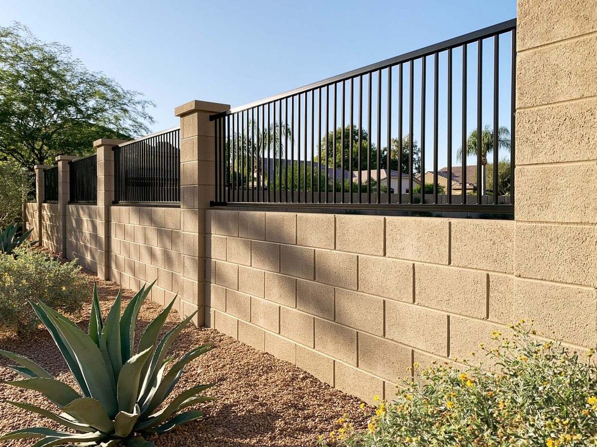 A partial view fence with a solid masonry base and open metal above, Queen Creek, AZ